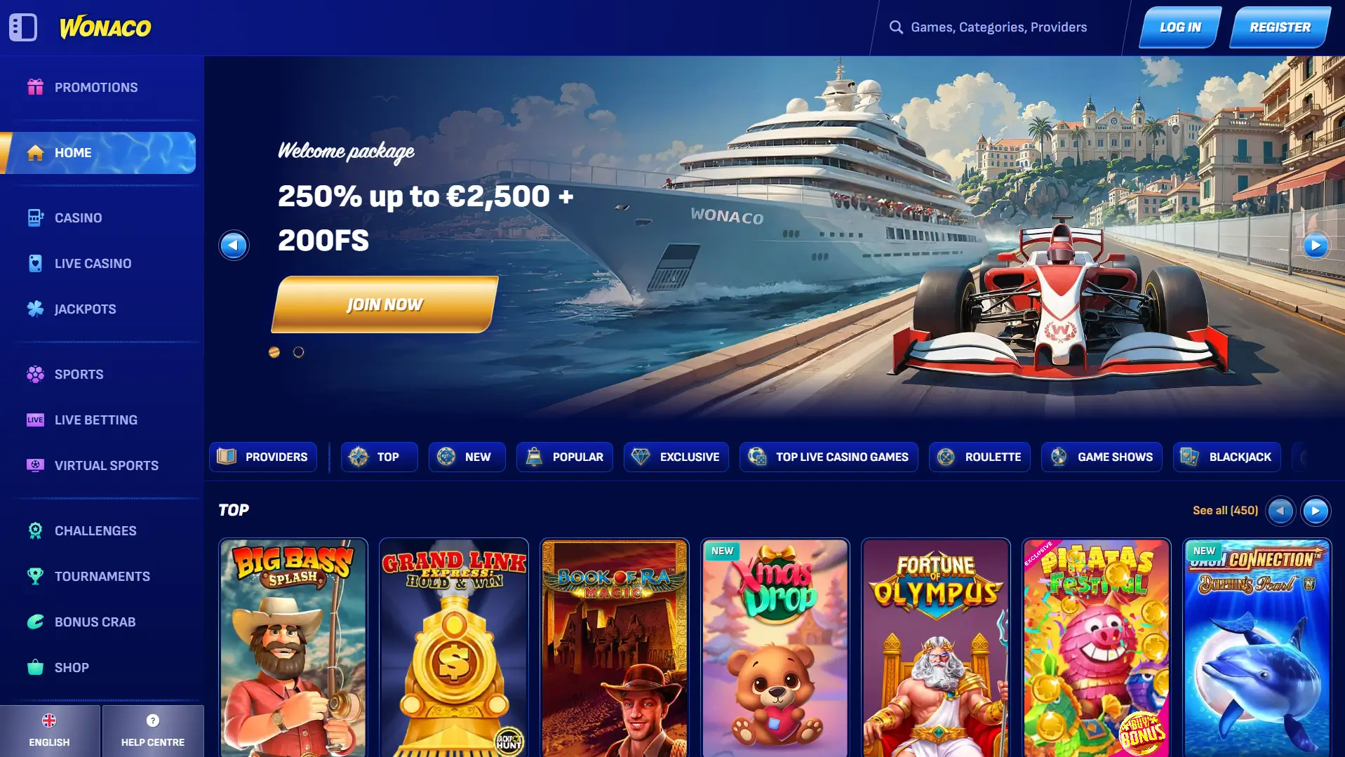 Domovská stránka Wonaco Casino s luxusním uvítacím balíčkem.